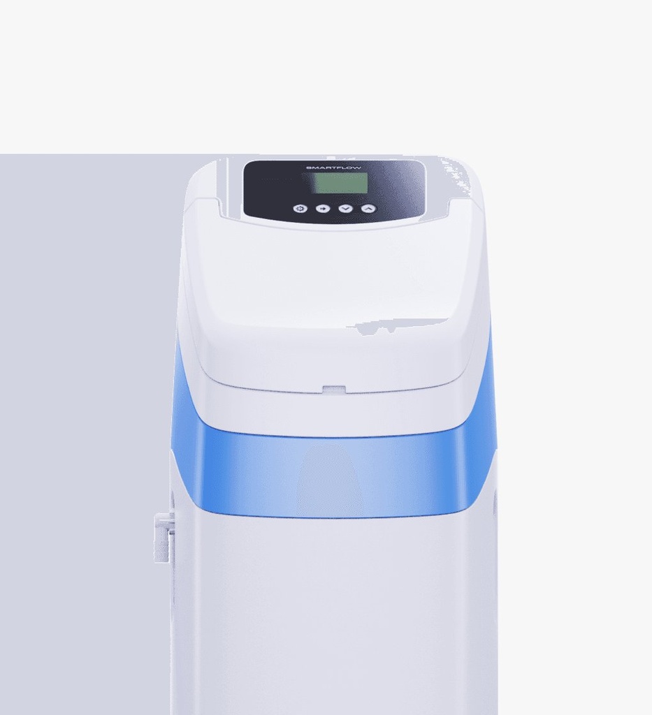 SMARTFLOW 125 — кабинетен омекотител, 12 л смола — бял корпус със синя лента, отгоре