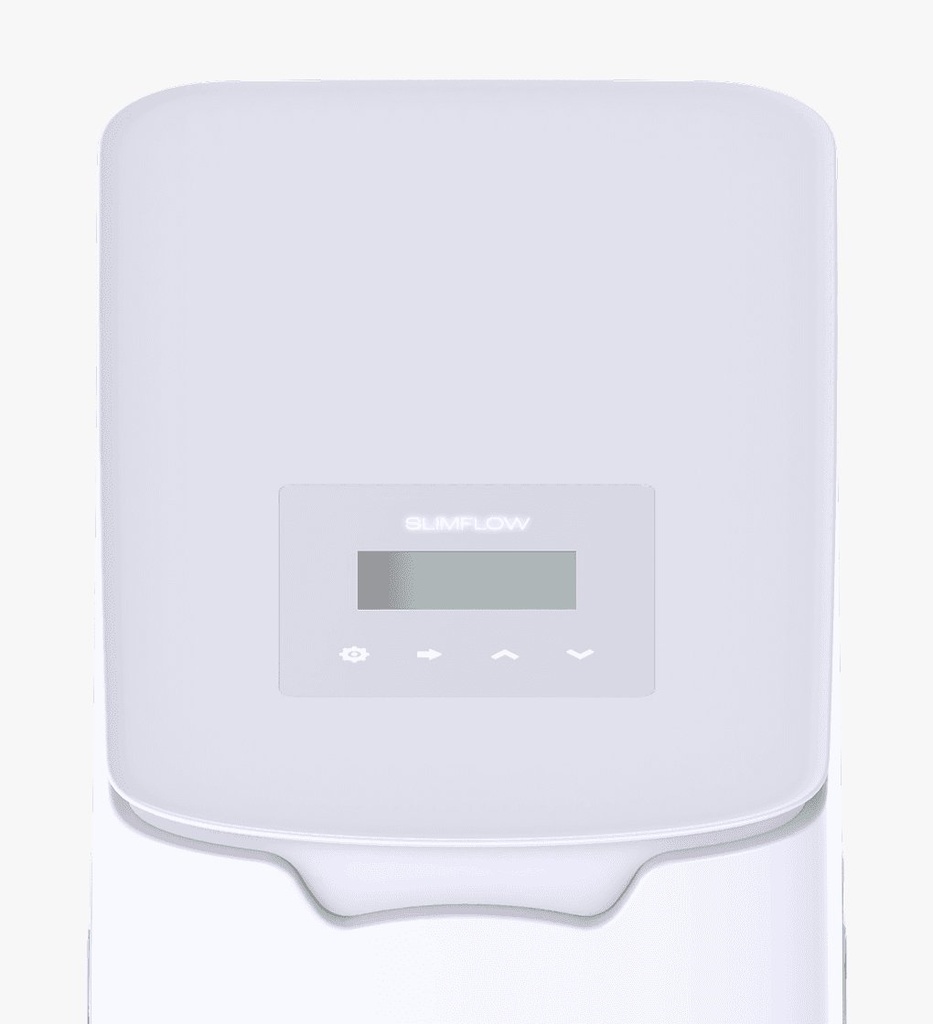 SLIMFLOW 100 — омекотител 20 см ширина, 9 л смола — дисплеят отгоре, бял корпус