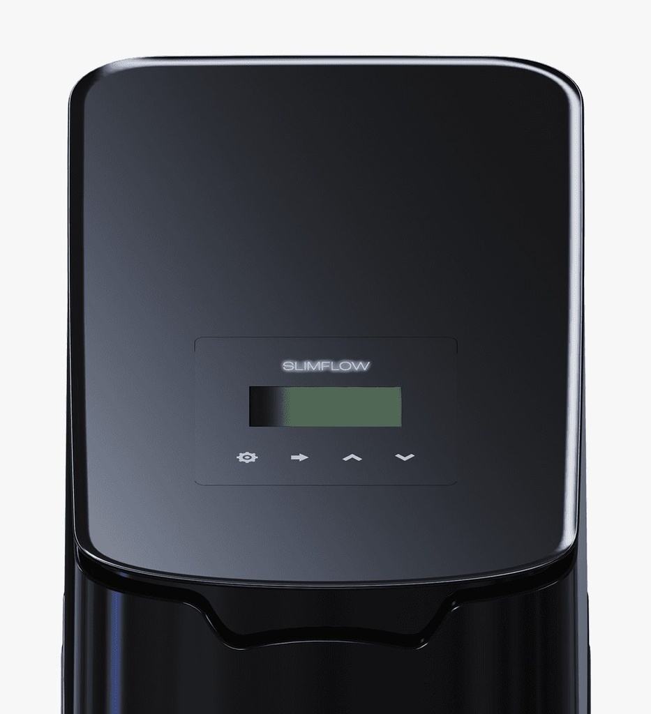 SLIMFLOW 300 — омекотител 20 см ширина, 26 л смола — дисплеят отгоре, черен корпус