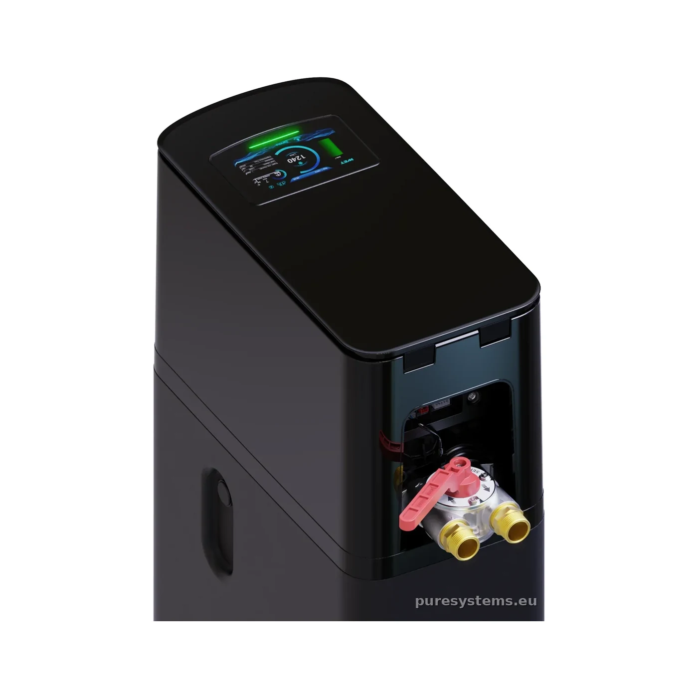 SLIMFLOW 200 PRO — ултратънък смарт омекотител, 20 см ширина — връзки и байпас отгоре