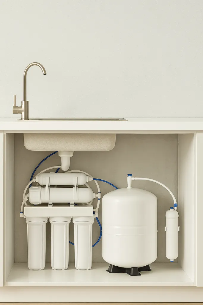 Обратна осмоза FRO 5 (50 GPD, С помпа, Със стойка, С манометър, С чешма, Без събирателен съд)